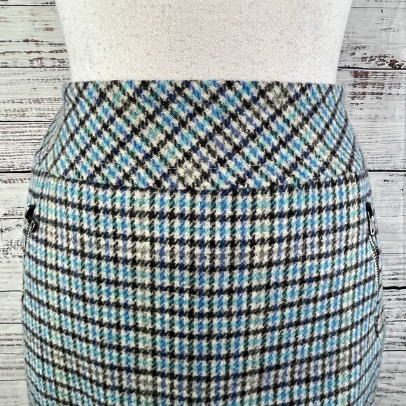 Talbots Skirt size 2 Black Purple Blue Houndstooth Plaid Wool Pencil Knee Suit - Picture 3 of 8